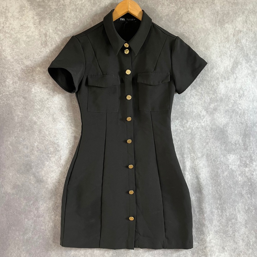 Zara Dress Women Small Black Utility Mini Short Sleeve Gold Button Collared 4387